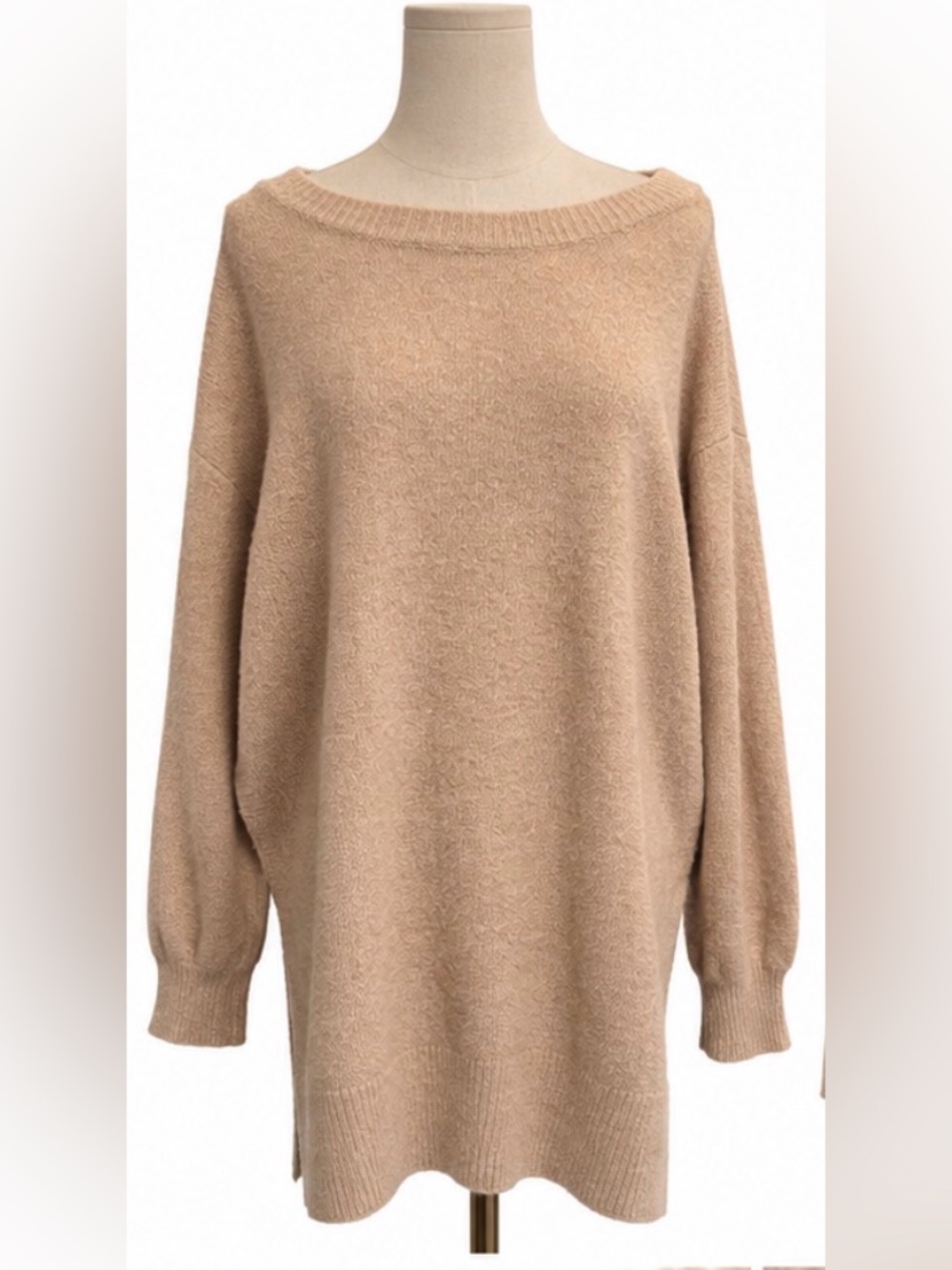 Adrienne Vittadini Oversized Tunic Sweater Beige Side Slit Large